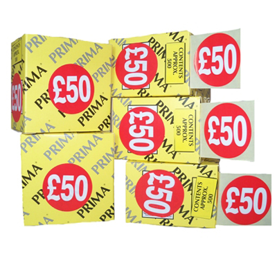 10,000 x "£50" Retail Price Labels Stickers In Dispenser Rolls (500/Roll)